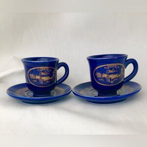 Greek Demitasse Espresso Set for Two Blue and Gold Ceramic